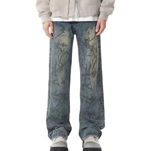 QOUERUUE Heren Vintage Versleten Bedrukte Jeans Rechte Pijpen Losse Denim Broek Streetwear,Blauw,3XL