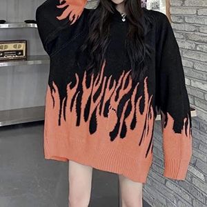 Streetwear paars vuur geprinte gebreide trui vrouwen Harajuku hippie vintage o-neck oversize lange mouw jumper-Orange,M