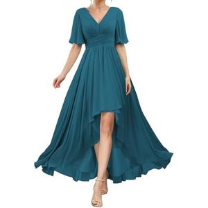 HPPEE Flutter Mouw V-hals Bruidsmeisjesjurken voor Vrouwen Geplooide A-lijn Chiffon Formele Avondjurk, Turkoois, 50 grote maten