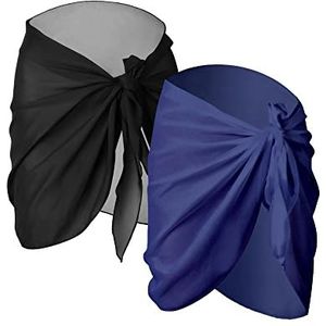 Sarong-omslagdoeken voor dames, badpakomslag, zwemrok, strandbikini-omslagdoek, zwemkleding, chiffon, 2 stuks, Zwart en blauw, S