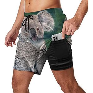 Leuke Koala Bear Zwembroek voor heren, sneldrogend, 2-in-1 strandsportshorts met compressieliner en zak