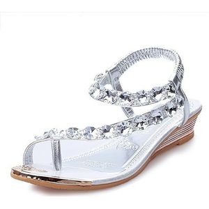 2024 Nieuwe Clip-Toe Sandalen Damesmode Strass Slippers Zomer Teen Separator Sandalen Retro Sleehak Romeinse Sandalen Vrije Tijd Boho Strand Schoenen (Color : Silver, Size : 36 EU)