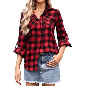 Katoenen hemd voor dames, geruit hemd met lange mouwen, button-down V-hals, geruit hemd, tuniek, top, longshirt, hemd, T-shirt met verstelbare mouwen, casual, vrije tijd, zomer, blouseshirt, rood 1, XL