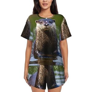 Dier Leuke Bruine Otters Print Womens Zomer Zachte Tweedelige Bijpassende Outfits Korte Mouw Pyjama Lounge Pyjama Sets, Zwart, XL