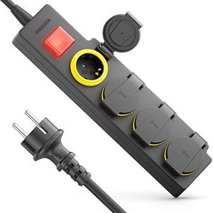 deleyCON Verlengdozen 4-voudige Outdoor Contactdoosstrook Stekkerdoos met 3,0m Kabel voor Buiten 4x Veiligheidsconnectoren IP44 Spatwaterdicht AAN/UIT-Schakelaar Tuin Terras Balkon Kelder Garage