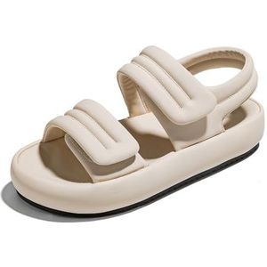 kumosaga Modieuze platformsandalen for dames, verstelbare slip-on lederen voetbedsandalen met dubbele riem, comfortabele sandalen met open teen for dames chic casual zomer (Color : Beige, Size : EU3