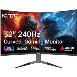 KTC 32 Inch Monitor Curved 1000R, 2K WQHD (2560x1440p) 240Hz Gaming Monitor, 1ms, FreeSync/G-Sync, 122% sRGB, 4000:1 Contrast, 2 x DP 1.4 (240Hz), 2 x HDMI 2.0 (144Hz), Ondersteunt kantelen en VESA