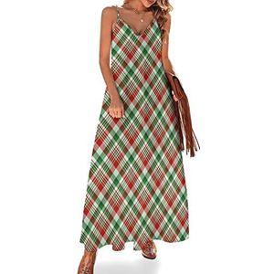 Roodgroene geruite dames zomer maxi-jurk V-hals mouwloze spaghettiband lange jurk