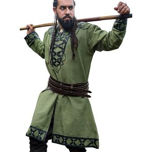 Leonardo Carbone® Viking Tuniek Erik? Middeleeuwse kleding heren, vrijetijdshemden korte mouwen, carnavalskostuum, Viking tuniek, LARP-kleding - 100% katoen met lederen applicaties, groen, M