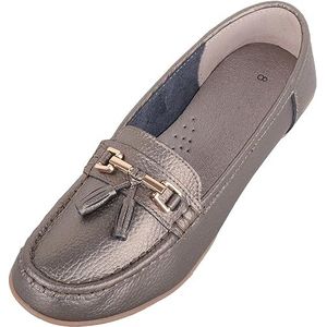 ABSOLUTE FOOTWEAR Womens Slip On Casual Brede Fit Lederen Loafer Deck Boot Schoenen Met Kwastje Detail, Geweer Metaal, 6 UK X-Wide