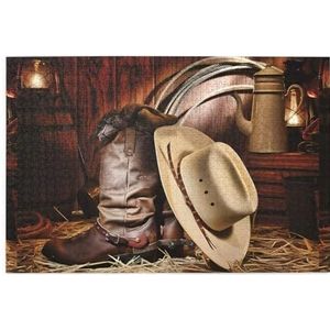 Cowboy zwarte hoed westernlaarzen creatieve puzzelkunst, 1.000 stuks gepersonaliseerde fotopuzzels, veilig en milieuvriendelijk hout, een goede keuze voor geschenken