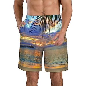 Sunset at The Beach Print strandshorts voor heren, lichtgewicht, sneldrogend, zwembroek met trekkoord en zakken, Wit, XL