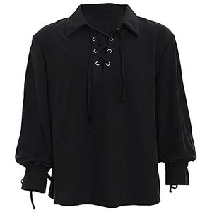 TANGLI Heren Middeleeuwse Renaissance Shirt Reverskraag Lange Mouw Tops Schotse Hoogland Jacobite Jacobean Ghillie Kilt Shirt Hennep Katoen Lace Up V-hals Opa Shirt Steen Gewassen Wit en Zwart, B-Zwart, M