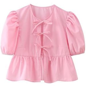 Vrouwen Tie Front Tops Puff Sleeve Babydoll Shirts Y2K Leuke Ruffle Peplum Uitgaan Top Blouse Trendy Kleding (Color : Pink C, Size : Large)