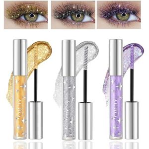 Baorder 3PCS Glitter Gekleurde Mascara, Waterdichte Langhoudende Fonkelende Diamanten Mascara, Zilver Gouden Paarse Kleur Mascara,Verlengende Volumizing Kleurrijke Mascara, Party Wedding Stage Gebruik