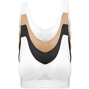Comfortabele beha voor dames, 4-pack, naadloos, strijkloos, verkoelend, 2 stuks wit, 1 stuk zwart en 1 stuk beige, M