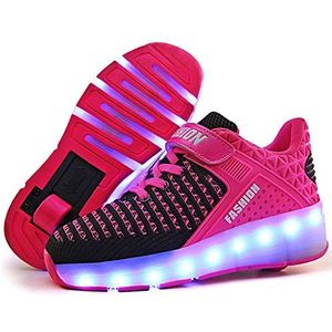 LED Trainers, LED Light-UP Rolschaatsen Schoenen, USB Oplaadbaar, Intrekbare Enkele Dubbele Wielen, Buitensporten Cross Schoenen Running Sneakers voor Unisex Kinderen Jongens Meisjes, Rood enkel wiel,