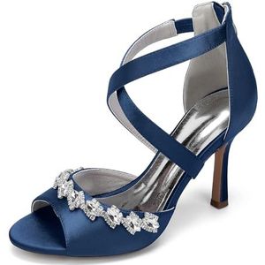 EICOFF Satijnen Hoge Hakken Trouwschoenen voor Dames Vrouwen Open Tenen Pompen Enkelband Strass Bruid Bruiloft Feest Werk Sandalen,Dark blue,36 EU