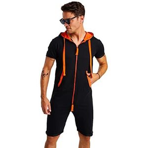 Björn Swensen Jumpsuit voor heren, korte katoenen joggingbroek, korte broek, overall, onesie, T-shirt met capuchon, zomerjumpsuit, pyjama, joggingpak, zwart-oranje, M