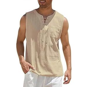 Linen Shirts Men Shirts Men'S Casual Sleeveless Vest Bandage Lace Up Blouse Retro Loose Shirt Solid Color Clothes-Khaki-M