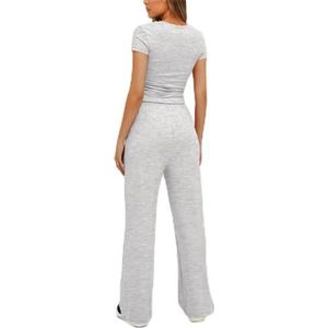 KOEMCY Dames zomer casual mode broek set huis jogging yoga elegante overall compleet pak top slim fit en lange broek met zakken en trekkoord, Lichtgrijs, S