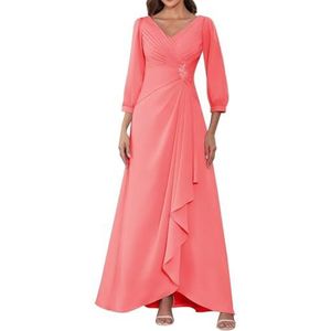 HPPEE Dames lange mouwen moeder van de bruid jurken ruches geplooide chiffon formele jurk avond party jurk, Koraal, 34