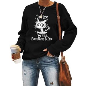 MLZHAN It's Fine I'm Fine Everything Is Fine Dames Sweatshirt Grappig Explosief Haar Kat Print Shirts Lange Mouw Truien Top, Zwart, S