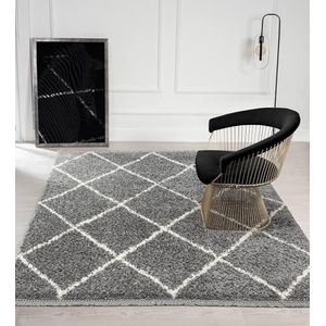 the carpet, Bahar Shaggy Tapijt, hoogpolig (35 mm), voor woonkamer, ruitjespatroon, grijs, 80 x 150 cm