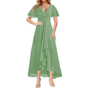 WSEYU Korte Mouw Moeder Van De Bruid Bruidegom Jurken Chiffon Kralen Formele Avond Grootmoeder Jurken Thee Lengte ZM203, Sage Groen, 32