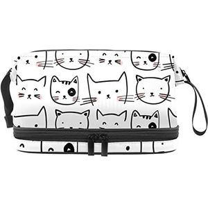 Grote capaciteit reizen cosmetische tas,make-up tas,Waterdichte make-up tas organizer, zwarte omtrek kat gezichten patroon, Meerkleurig, 27x15x14 cm/10.6x5.9x5.5 in