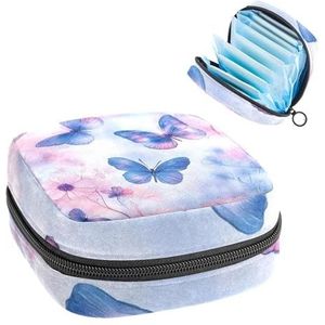 1 x maandverband, grote maandverband, organizer, herbruikbare eerste menstruatietas voor meisjes, dames, 17 x 17 x 12 cm, roze-blauw en paars, vlinders en bloemen