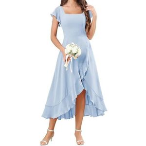 HPPEE Flutter Mouw Chiffon Bruidsmeisjesjurken voor Vrouwen Vierkante Hals Korte Avond Formele Jurk, Lichtblauw, 58/Meer