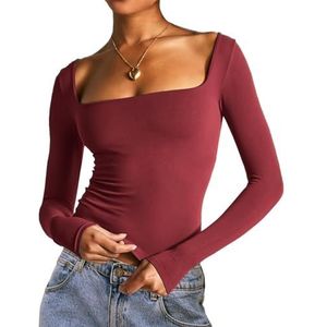 WAVDSYB Dames Slim Fit Crop Tops Casual Effen Kleur Ronde Hals Lange Mouw Strak T-Shirt Basic Blouse Tee Tops, Wy-wine Rood, M