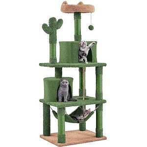 Yaheetech Cactus Kattenkrabpaal, 158 cm hoog, moderne krabpaal, klimboom met uitkijkplatform, kattenholletjes, hangmat, sisalstammen, pluche bal, groen/bruin