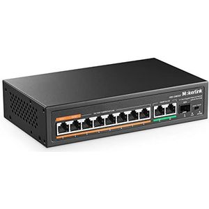 MokerLink 11-poorts Gigabit PoE-switch met 8 PoE+ poort, 2 Gigabit uplink, 1 SFP-poort, 120 W AI detectie, Qos, plug & play netwerkswitch zonder ventilator