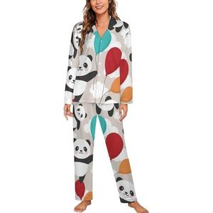 Panda Fly Met Ballon Vrouwen Lange Mouw Button Down Nachtkleding Zachte Nachtkleding Lounge Pyjama Set XL