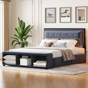 Idemon Gestoffeerd bed, 140 x 200 cm, tweepersoonsbed, 2-kleurig design, in hoogte verstelbaar hoofdeinde, voetensteun met uitneembare opslag, jeugdbed met lattenbodem, fluwelen stof grijs