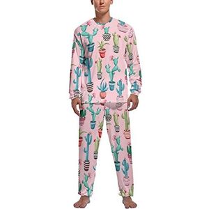 Cactussen Bloem Zachte Heren Pyjama Set Comfortabele Lange Mouw Loungewear Top En Broek Geschenken 2XL