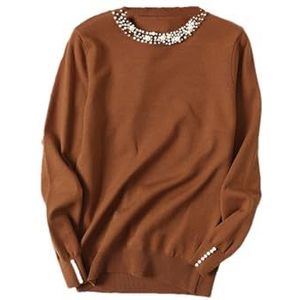 Damestrui Met Strass, Slim Fit Ronde Hals en Gebreide Trui Met Kralen(Brown)
