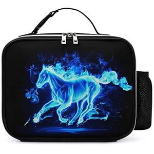 Blue Fire Flaming Horse Afneembare Maaltijd Pack Herbruikbare Lederen Lunch Box Container Draagbare Lunch Bag