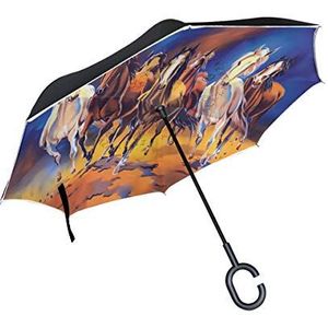 RXYY Winddicht Dubbellaags Vouwen Omgekeerde Paraplu Aquarel Paarden Art Waterdichte Reverse Paraplu voor Regenbescherming Auto Reizen Outdoor Mannen Vrouwen