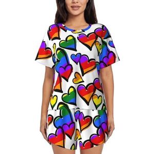 RIVETECH Rainbow Gekleurde Gay Pride Hartjesprint Dames Pyjama met korte mouwen - Comfortabele korte sets, mouwen nachtkleding met zakken, Zwart, XL