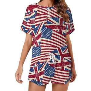 Retro USA En Britse Vlag Zachte Womens Pyjama Korte Mouw Pyjama Loungewear met Zakken Gift voor Thuis Strand 3XL