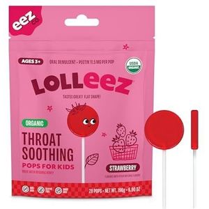Lolleez Biologische lolly's voor kinderen pijnlijke keelverlichting, aardbei perfect voor het kalmeren van een zere keel terwijl het proeven geweldig, aardbeiensmaak, 28 Count