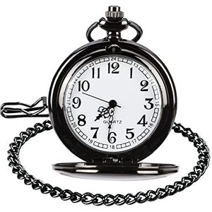 WIOR Klassieke Gladde Vintage Zakhorloge Zilver Staal Mens Horloge met 14 ""Ketting voor Graduation Xmas Vaderdag, Zwart, onbezorgd