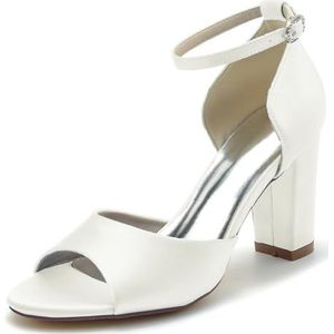 GHSIRUEU Vrouwen Ivoor Satijn Hakken Sandalen Enkelband Blok Chunky Heel Peep Toe Fashion Wedding Dress Pumps,ivoor,38 EU