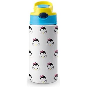 Pinguïn Mooie Meisje Vlinderdas 12oz Water Fles met Stro, Koffie Tumbler Water Cup Rvs Reismok Voor Vrouwen Mannen Blauwe Stijl