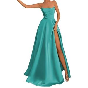 BRIGOW Satijnen bruidsmeisjesjurk voor bruiloft met split mouwloze galajurken plooien cocktailjurk grote maten, Turkoois, 32