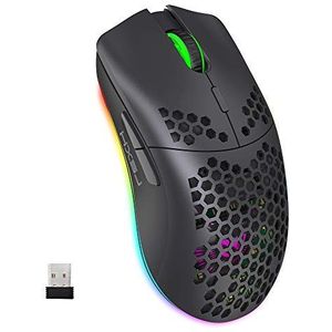 Draadloze Gamingmuis, 2,4G Lichtgewicht Honingraatschaal Ergonomische RGB-Muizen met 750mAh Oplaadbare Batterij, Energiebesparing, 6 Knoppen en Mini-USB-Ontvanger voor Windows, Mac OS, Laptop, Smart TV(Zwart)