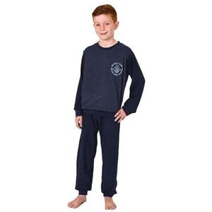 Normann Warme badstof pyjama voor jongens met manchetten en borduurwerk, blauw, 158-164